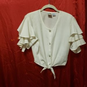 90'S KI KO MO- BUTTON UP TIE UP CROP TOP W/PAD SHOULDERS/TULIP SLEEVES/